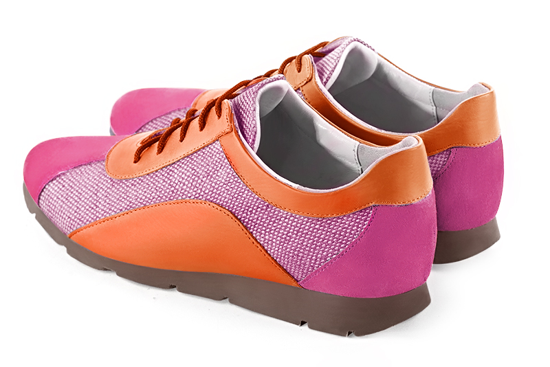 Shocking pink and apricot orange women's two-tone elegant sneakers. Round toe. Flat rubber soles. Rear view - Florence KOOIJMAN